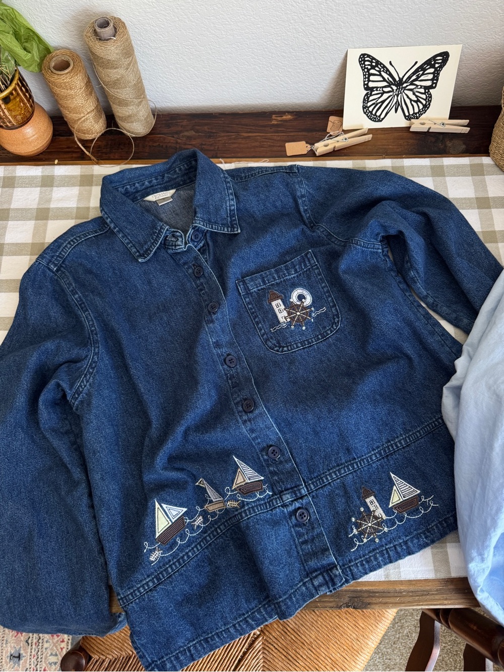 Vintage Nautical Embroidered Dark Denim Shirt Shacket - Picture 3 of 3